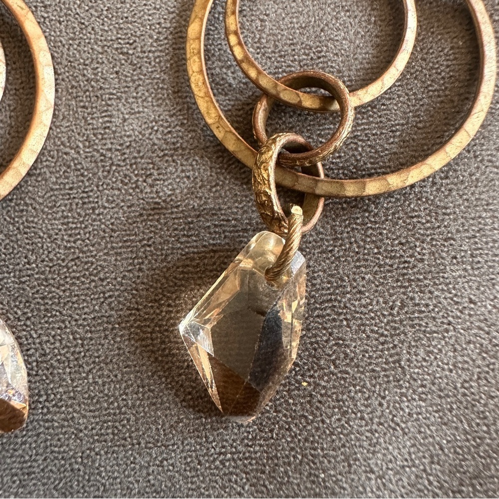 Boho Hammered Brass Hoop Earrings w/ Crystal Drop Dangle Artisan Chic 3” - Picture 7 of 7